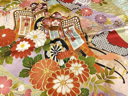 平和屋着物●豪華振袖　駒刺繍　御所車草花文　金彩　京都きもの友禅扱い　正絹　逸品　AABL8865ph