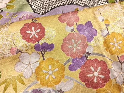 平和屋着物●豪華振袖　駒刺繍　御所車草花文　金彩　京都きもの友禅扱い　正絹　逸品　AABL8865ph