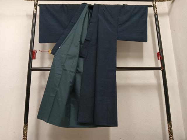 平和屋着物●男性　紬　色無地　藍鉄色　正絹　逸品　AABL8883ph