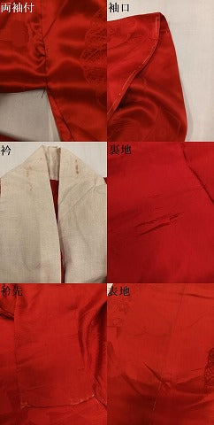 平和屋着物●振袖用長襦袢　袷　御所車貝桶花地紋　緋色　正絹　逸品　AABL8893ph