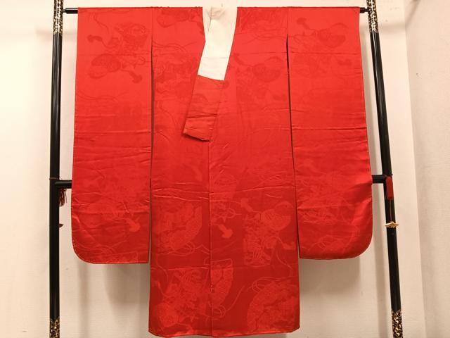 平和屋着物●振袖用長襦袢　袷　御所車貝桶花地紋　緋色　正絹　逸品　AABL8893ph