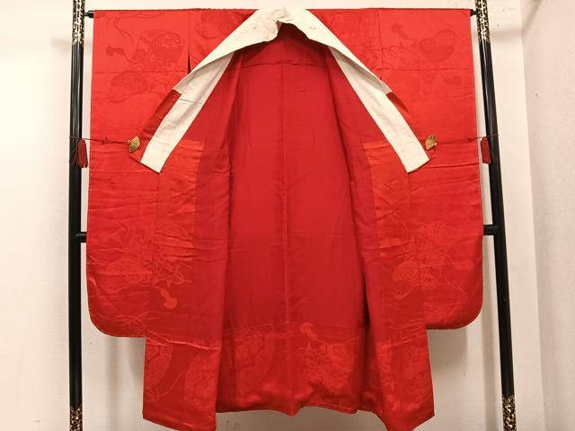平和屋着物●振袖用長襦袢　袷　御所車貝桶花地紋　緋色　正絹　逸品　AABL8893ph