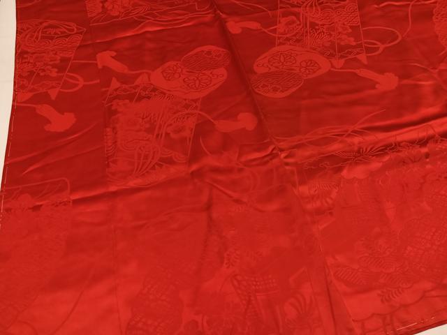 平和屋着物●振袖用長襦袢　袷　御所車貝桶花地紋　緋色　正絹　逸品　AABL8893ph