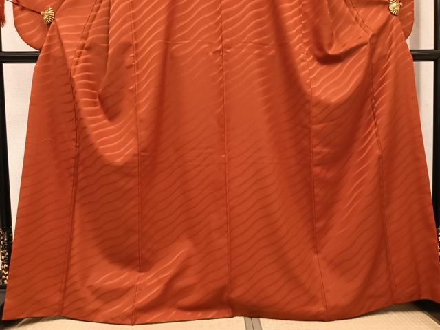 平和屋着物●小振袖　二尺袖　波地紋　色無地　赤丹色　洗える着物　AABL8899ph