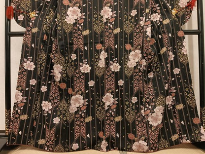 平和屋着物●小振袖　二尺袖　夜桜　黒地　洗える着物　AABL8919ph