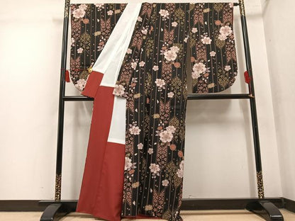 平和屋着物●小振袖　二尺袖　夜桜　黒地　洗える着物　AABL8919ph