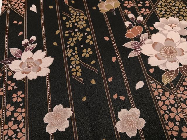 平和屋着物●小振袖　二尺袖　夜桜　黒地　洗える着物　AABL8919ph