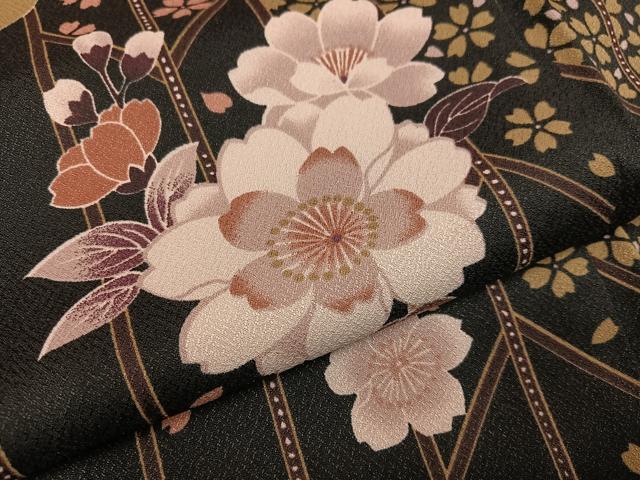 平和屋着物●小振袖　二尺袖　夜桜　黒地　洗える着物　AABL8919ph