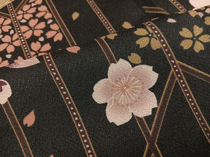 平和屋着物●小振袖　二尺袖　夜桜　黒地　洗える着物　AABL8919ph
