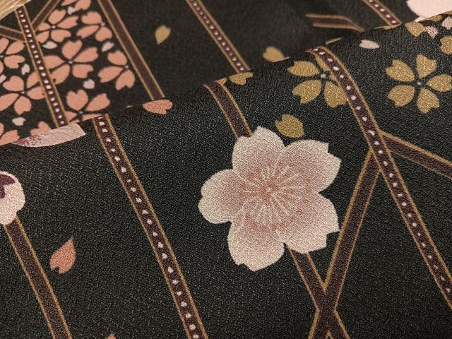 平和屋着物●小振袖　二尺袖　夜桜　黒地　洗える着物　AABL8919ph