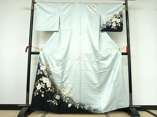 平和屋着物▽訪問着　単衣　枝葉文　暈し染め　金銀彩　洗える着物　AABL8921jh