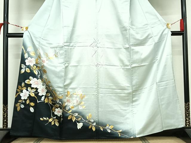 平和屋着物▽訪問着　単衣　枝葉文　暈し染め　金銀彩　洗える着物　AABL8921jh