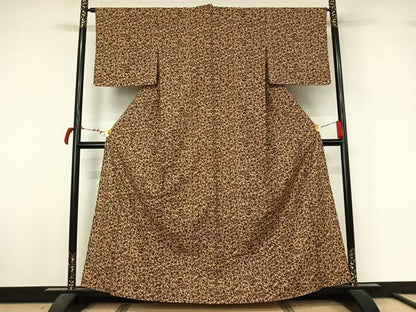 平和屋着物▽上質な小紋　単衣　紬地　更紗花鳥文　正絹　逸品　AABL8923jh