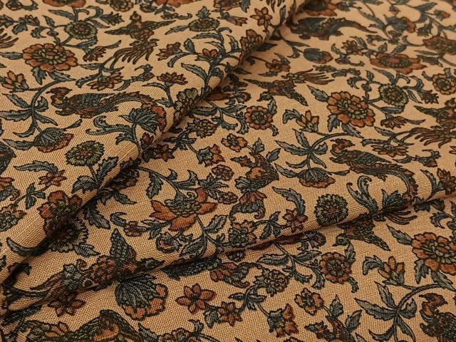 平和屋着物▽上質な小紋　単衣　紬地　更紗花鳥文　正絹　逸品　AABL8923jh