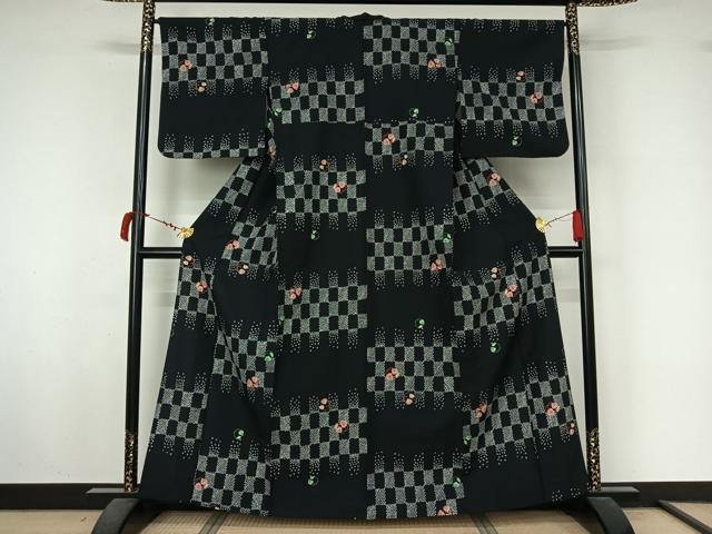 平和屋着物▽小紋　単衣　唐草文　黒地　洗える着物　AABL8931jh