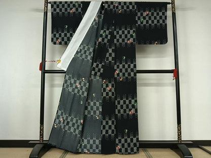 平和屋着物▽小紋　単衣　唐草文　黒地　洗える着物　AABL8931jh
