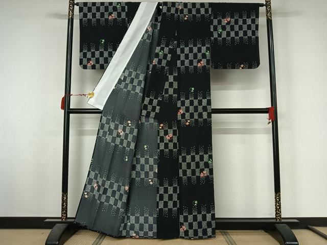 平和屋着物▽小紋　単衣　唐草文　黒地　洗える着物　AABL8931jh