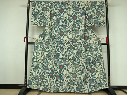 平和屋着物▽上質な小紋　単衣　型染め　更紗花文　正絹　逸品　AABL8932jh