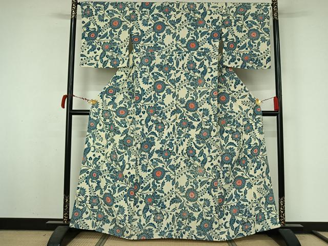 平和屋着物▽上質な小紋　単衣　型染め　更紗花文　正絹　逸品　AABL8932jh