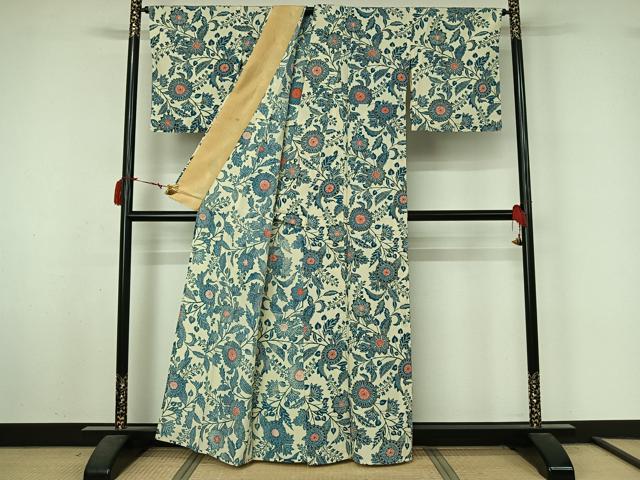 平和屋着物▽上質な小紋　単衣　型染め　更紗花文　正絹　逸品　AABL8932jh