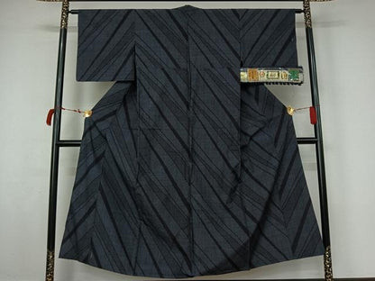 平和屋着物▽結城紬　単衣　100亀甲　斜縞　証紙付き　正絹　逸品　AABL8937jh