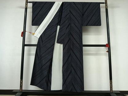 平和屋着物▽結城紬　単衣　100亀甲　斜縞　証紙付き　正絹　逸品　AABL8937jh