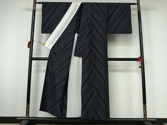 平和屋着物▽結城紬　単衣　100亀甲　斜縞　証紙付き　正絹　逸品　AABL8937jh