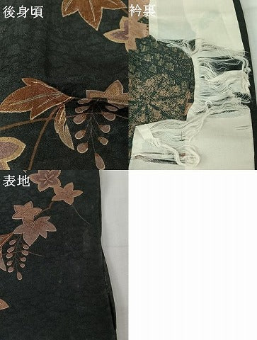 平和屋着物▽小紋　単衣　草花文　黒地　洗える着物　AABL8941jh