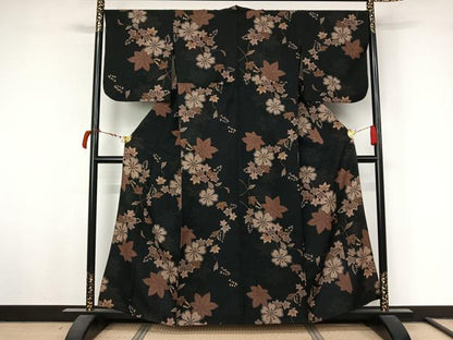 平和屋着物▽小紋　単衣　草花文　黒地　洗える着物　AABL8941jh