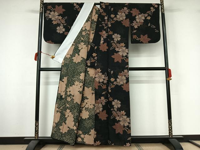 平和屋着物▽小紋　単衣　草花文　黒地　洗える着物　AABL8941jh