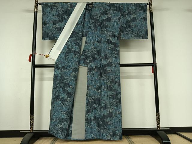 平和屋着物▽上質な紬　単衣　草花文　正絹　逸品　AABL8950jh