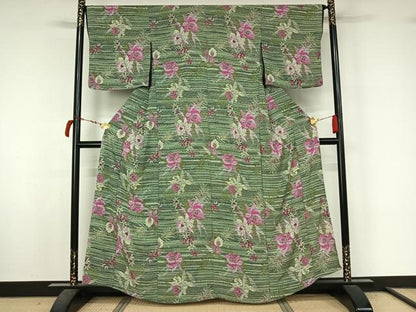 平和屋着物▽小紋　単衣　草花文　洗える着物　AABL8953jh