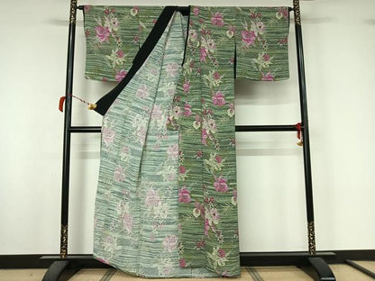 平和屋着物▽小紋　単衣　草花文　洗える着物　AABL8953jh