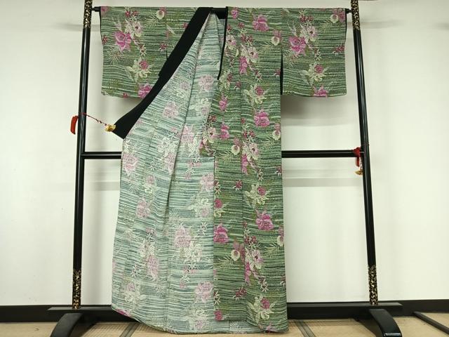 平和屋着物▽小紋　単衣　草花文　洗える着物　AABL8953jh