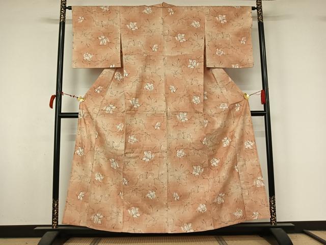 平和屋着物▽上質な紬　単衣　草花文　正絹　逸品　AABL8955jh
