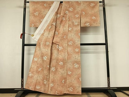 平和屋着物▽上質な紬　単衣　草花文　正絹　逸品　AABL8955jh