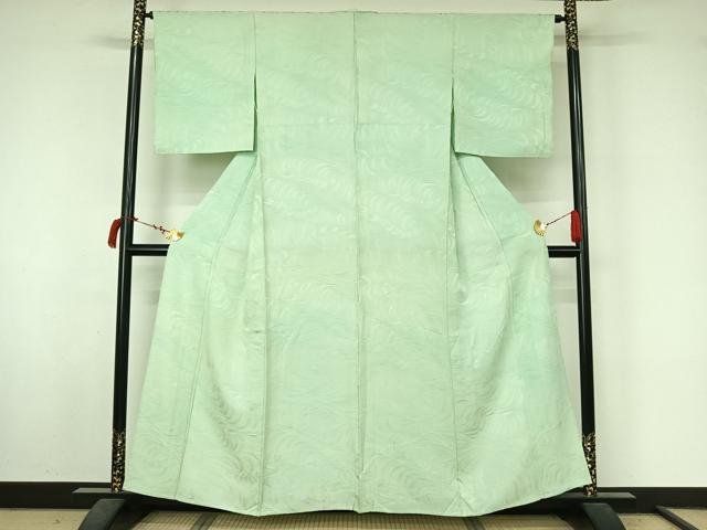 平和屋着物▽上質な色無地　単衣　立波地紋　白緑色　正絹　逸品　AABL8959jh
