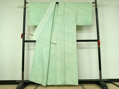 平和屋着物▽上質な色無地　単衣　立波地紋　白緑色　正絹　逸品　AABL8959jh