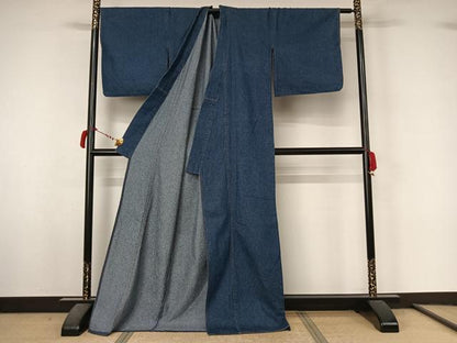 平和屋着物▽デニム着物　単衣　霞文　ロング丈　綿　AABL8963jh
