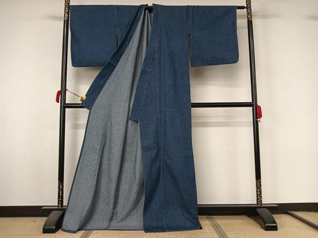 平和屋着物▽デニム着物　単衣　霞文　ロング丈　綿　AABL8963jh