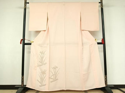 平和屋着物▽中国三大刺繡　スワトウ刺繡　汕頭刺繡　総刺繍　訪問着　単衣　燕子花文　桜色　正絹　逸品　AABL8965jh