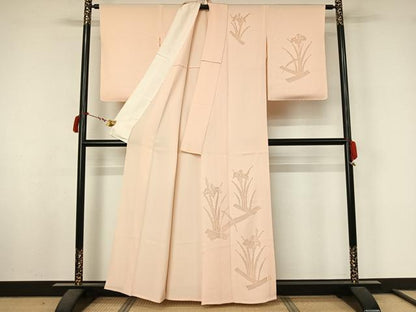 平和屋着物▽中国三大刺繡　スワトウ刺繡　汕頭刺繡　総刺繍　訪問着　単衣　燕子花文　桜色　正絹　逸品　AABL8965jh