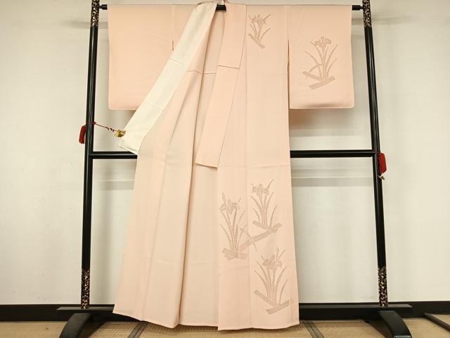 平和屋着物▽中国三大刺繡　スワトウ刺繡　汕頭刺繡　総刺繍　訪問着　単衣　燕子花文　桜色　正絹　逸品　AABL8965jh