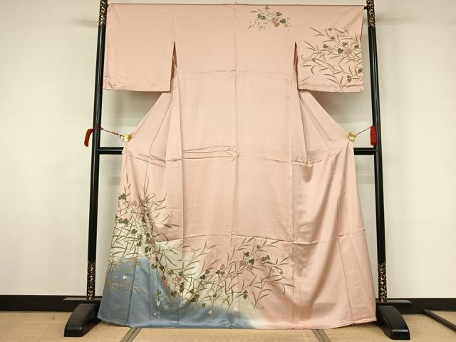 平和屋着物▽訪問着　単衣　唐草文　暈し染め　金彩　正絹　逸品　AABL8966jh