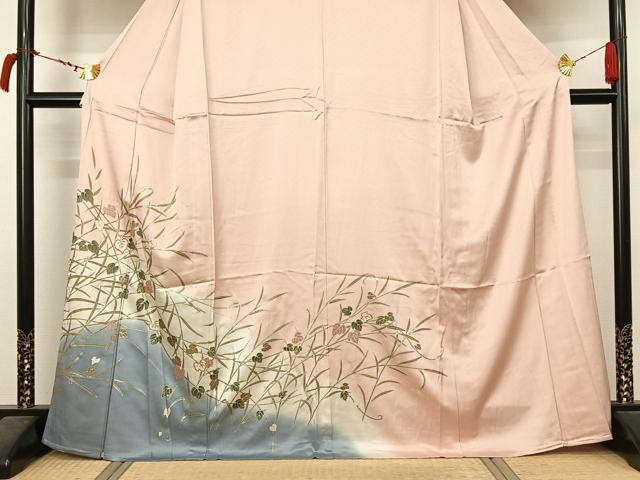 平和屋着物▽訪問着　単衣　唐草文　暈し染め　金彩　正絹　逸品　AABL8966jh