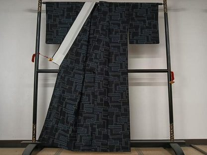 平和屋着物▽上質な紬　単衣　幾何学文様　やまと誂製　正絹　逸品　AABL8972jh