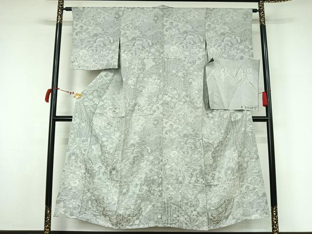平和屋着物▽山岡古都・古都染人　染織美術品　薬墨染　天目織　お召　単衣　草花文　染織美術品　反端付き　正絹　逸品　AABL8980jh