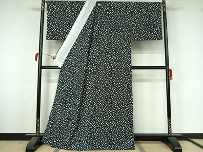 平和屋着物▽小紋　単衣　霞文　黒地　洗える着物　AABL8984jh