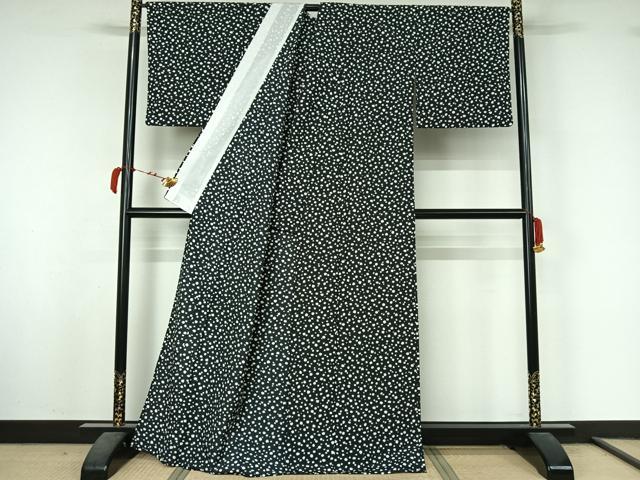 平和屋着物▽小紋　単衣　霞文　黒地　洗える着物　AABL8984jh