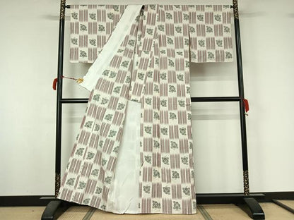平和屋着物▽上質な紬　単衣　草花文　正絹　逸品　AABL8991jh